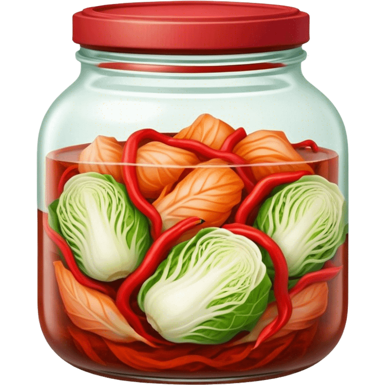 Kimchi Cinematic Realistic Kimchi Dish Emoji, depicted as spicy, fermented cabbage with vibrant red hues neatly served in a traditional jar, rendered with dynamic textures and bold, appetizing lighting. emoji