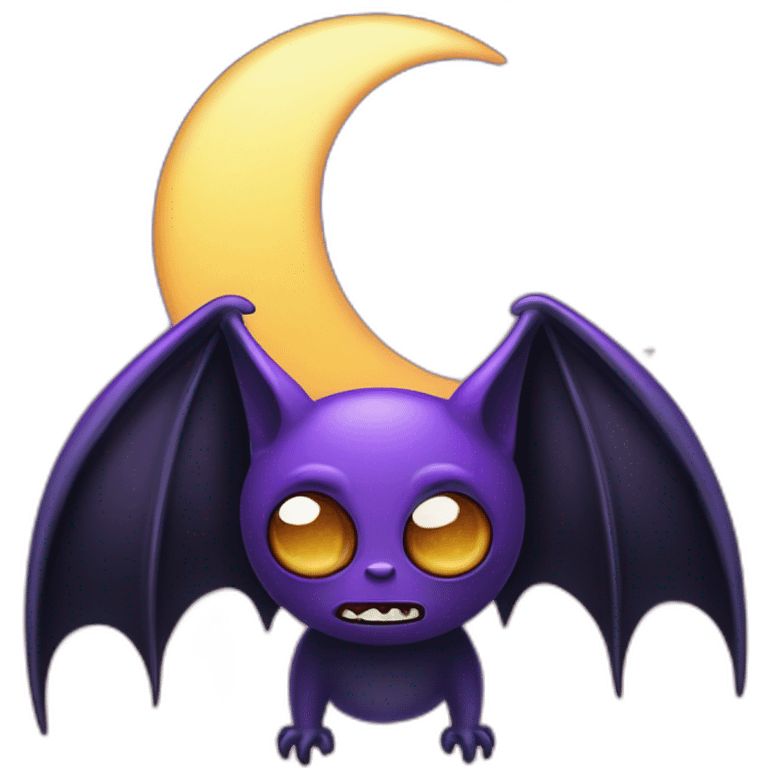 purple and black mad face vampire bat cartoon sparkle eyes wings flying in front of large dripping crescent moon emoji