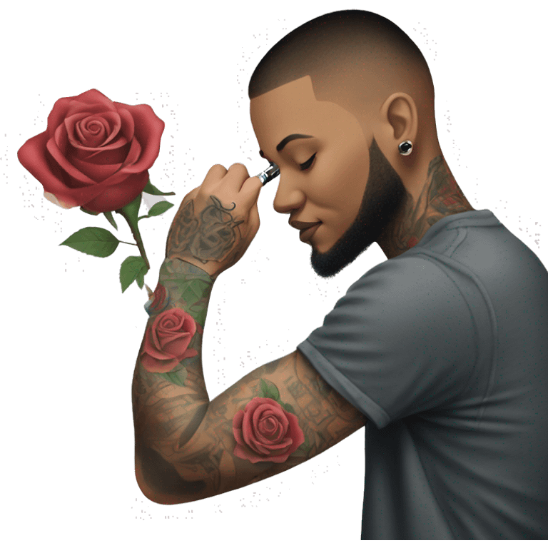 Tattoo artist tattooing a rose on a hand emoji