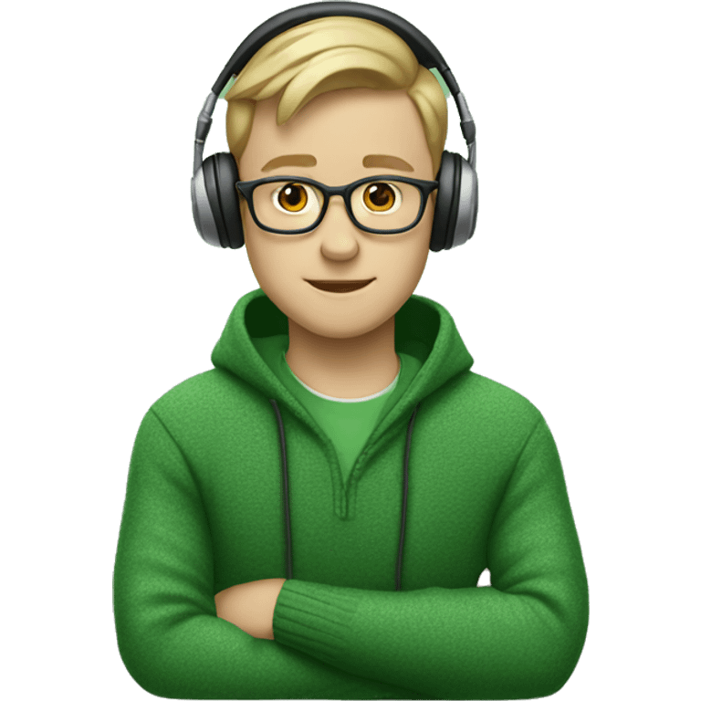 White boy wearing glasses and green sweater and headphones emoji