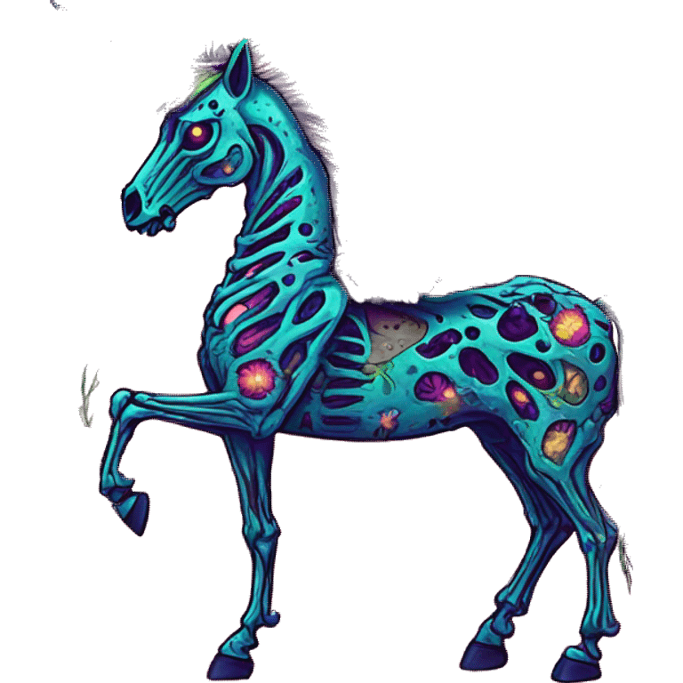 Neon Zombie Pegasus unicorn skeleton psychedelic flowers floral groovy art neon rave raving emoji