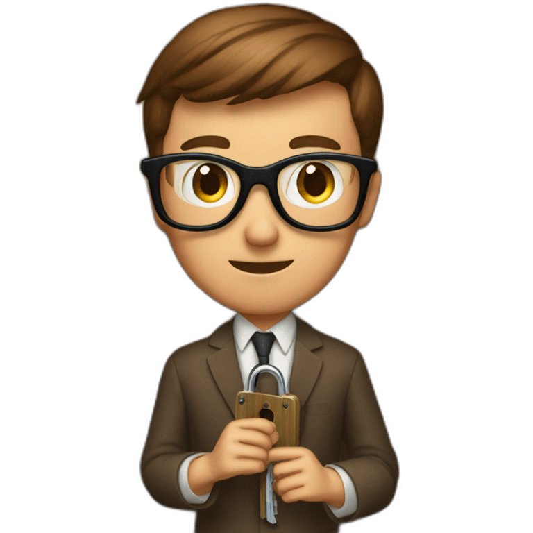 brown-short-haired classy man wearing glasses, struggling to fit a key into a wooden door-lock emoji