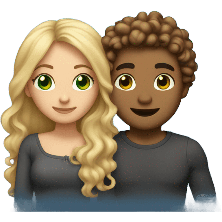 Two lovers, one female light skinned with green eyes and blonde long hair and the other a male with curly brown hair light skinned blue eyes with hearts around it  emoji