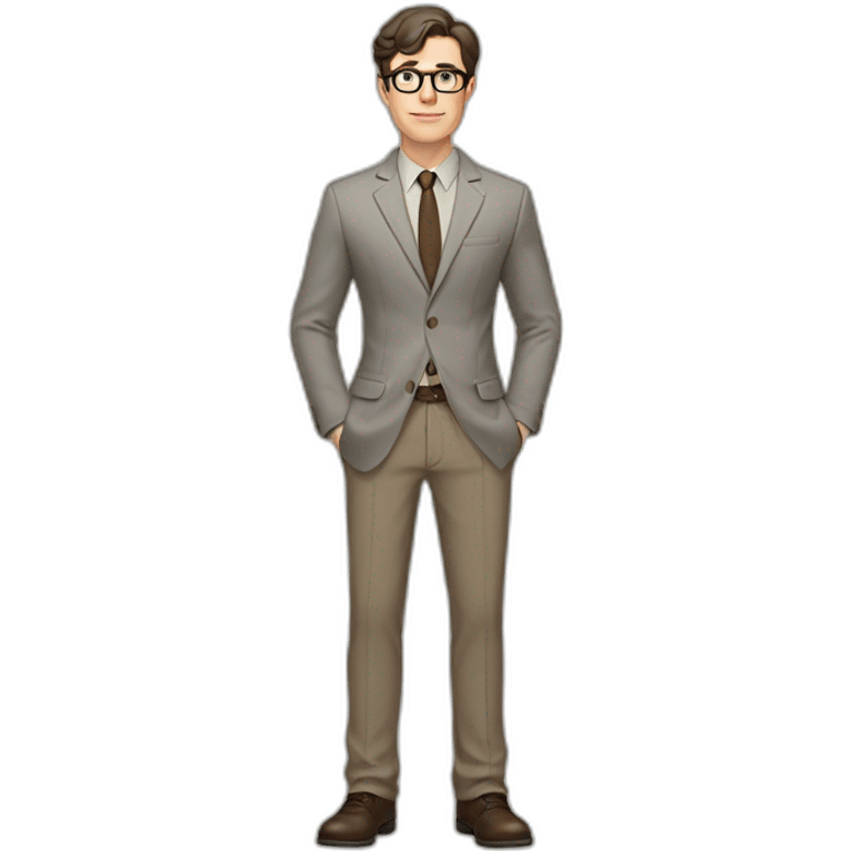 Full height Pale skinned fit man with dark brown hair in gray jacket, beige office shirt, brown tie, brown pants and vintage glasses. His right hand stretched out emoji