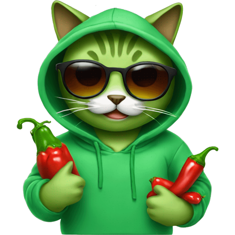 Green cat with sunglasses and wearing hoodie and eat chilli emoji