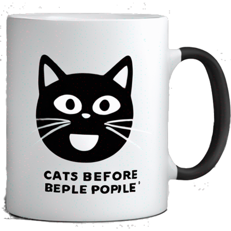 Black coffee mug with writing in white that says cats before people emoji