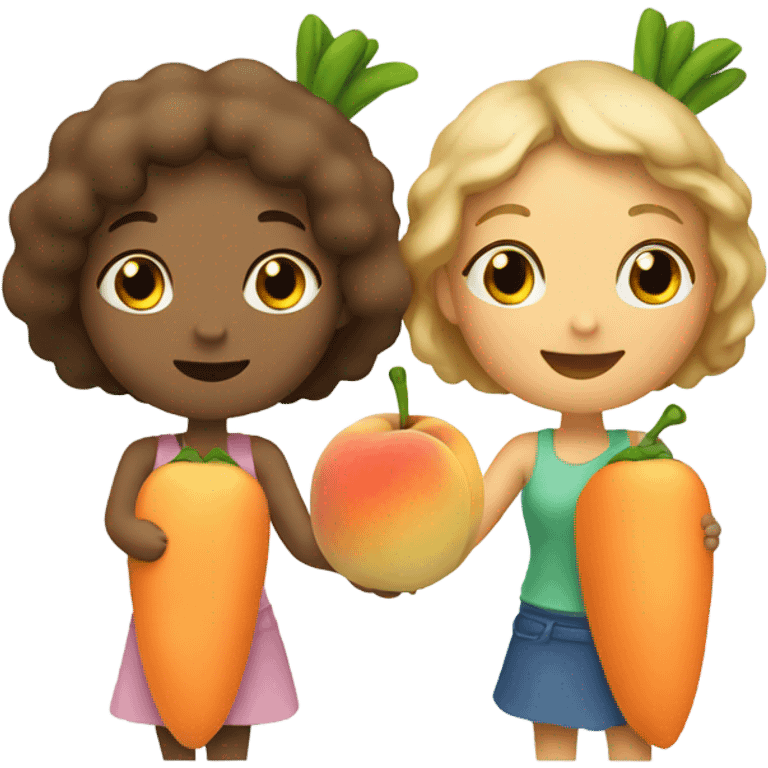 two girls with a carrot and peach in their hands emoji