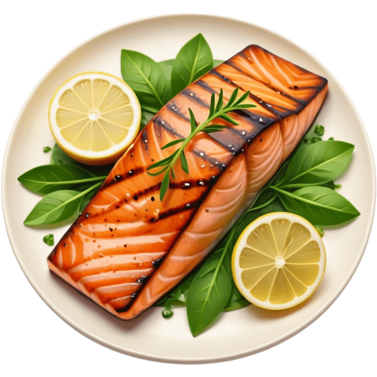 Cinematic perfectly grilled salmon, rich orange hues with crispy skin, garnished with fresh herbs, drizzled with lemon, ultra-detailed and delicious. emoji