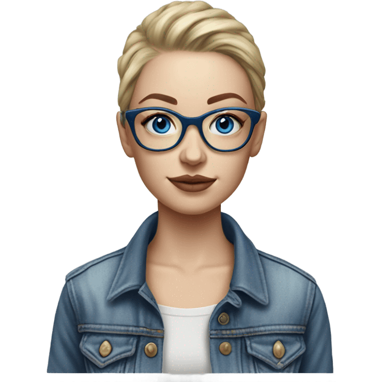 Hyper Realistic pale beautiful tattooed woman with glasses and blue eyes wearing denim jacket emoji