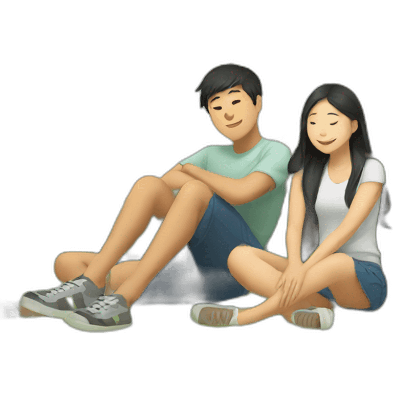 An asian teen man and teen girl relaxing under a tree emoji