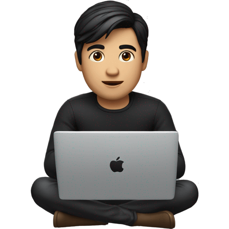 memoji of a man with a laptop in front, apple-style,modern,fair skin,black hair,black sweater,computer in hand,sitting on his desk emoji