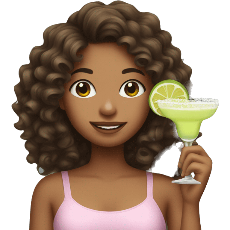 Girl with brown curly hair holding a margarita  emoji