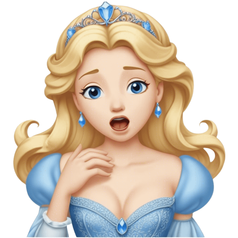 Cinematic Realistic Yawning Cinderella Portrait, showcasing lifelike porcelain skin and intricately detailed golden-blonde hair styled flawlessly as she mid-yawn reveals a moment of tender vulnerability. Her half-closed blue eyes and relaxed expression are rendered with natural, soft lighting that emphasizes the subtle textures of her face and the detailed, flowing fabric of her iconic gown. The scene glows with a cozy, authentic warmth that captures a rare, intimate moment of repose. emoji