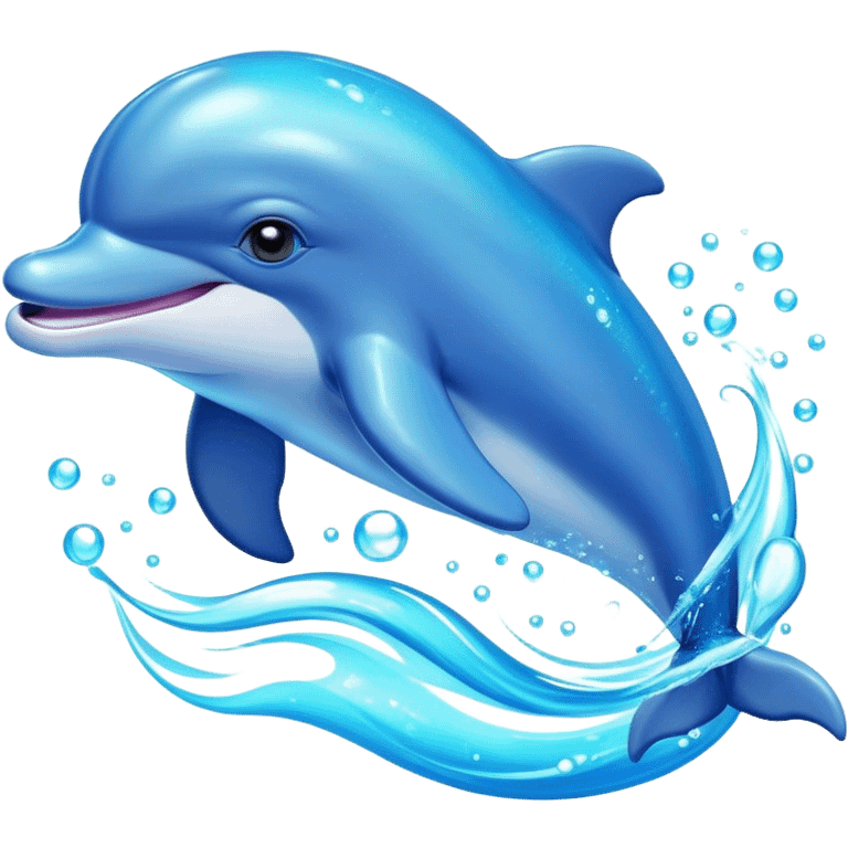 Cinematic Adorably Playful Dolphin Portrait Emoji, Bouncing joyfully through sparkling turquoise waves with a sleek, streamlined body of glossy blue skin, a wide, infectious smile, and bright, twinkling eyes that radiate pure delight, Simplified yet charmingly exuberant features, highly detailed, glowing with a radiant, bubbly aquatic glow, high shine, energetic and heartwarming, stylized with an air of whimsical ocean fun, soft glowing outline, capturing the essence of a super cute dolphin that seems ready to leap out of the screen spreading joy! emoji