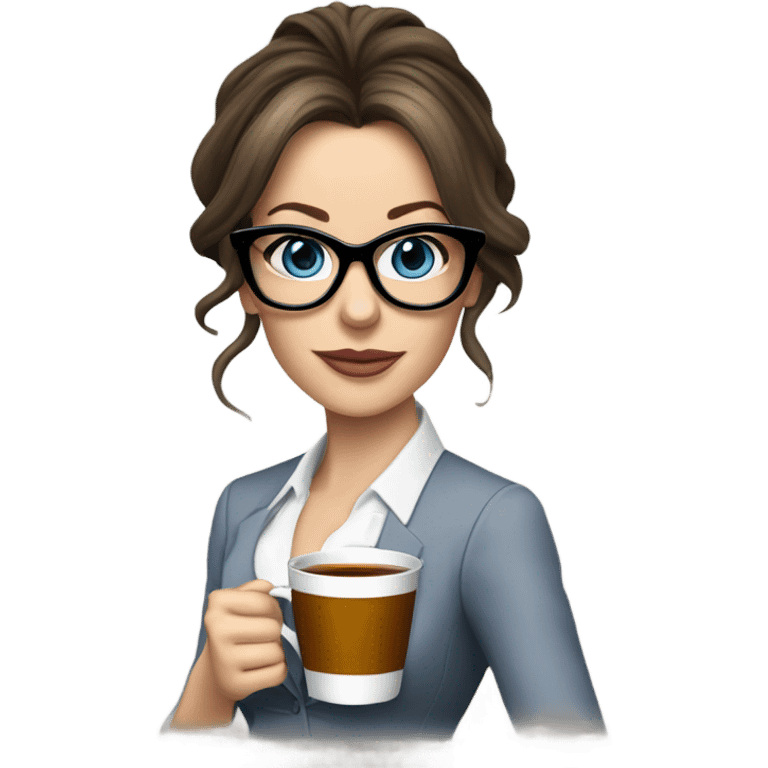 Lifelike Kate Beckinsale blue eyes wearing glasses in a business dress drinking a cup of tea  emoji