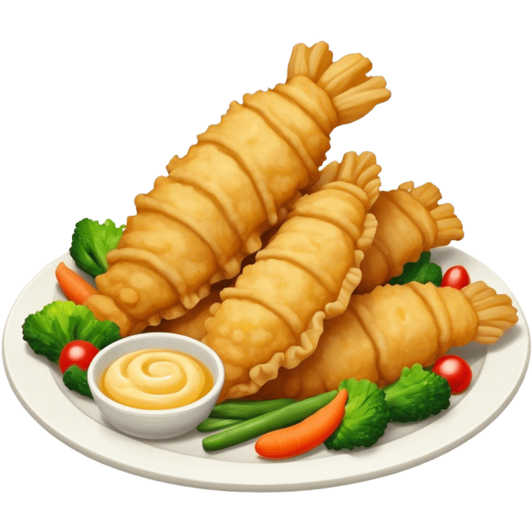 Tempura Cinematic Realistic Tempura Dish Emoji, depicted as extra crispy, lightly battered seafood and vegetables, rendered with vivid textures and dynamic, bright lighting. emoji