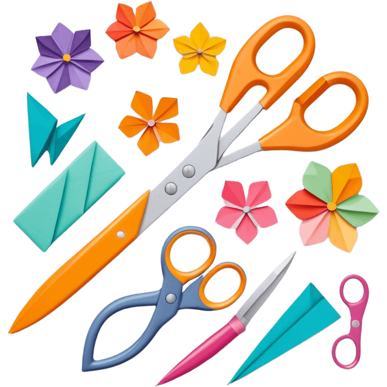 Paper crafting icon, various paper crafts like origami, paper flowers, and scrapbooking materials, visible tools such as tradittional scissors, glue stick, and paper sheets, colorful paper patterns, minimalistic style, clean lines, transparent background. emoji