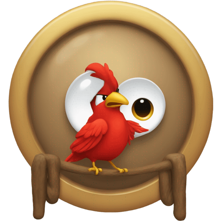 A red bird pooping on a gong emoji