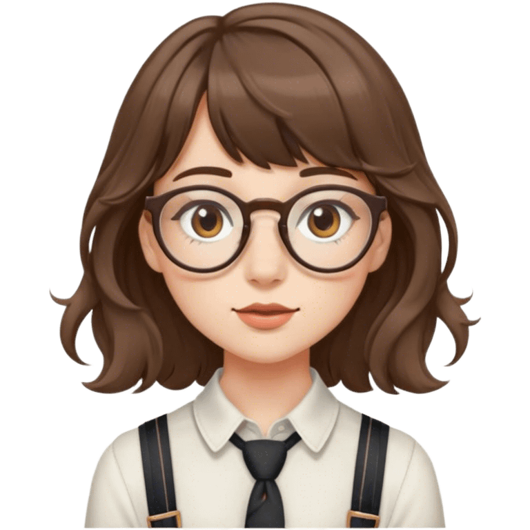 A girl with fair skin, single eyelids, a small nose, a small mouth, thin-framed glasses, bangs, brown wavy hair, and suspenders emoji