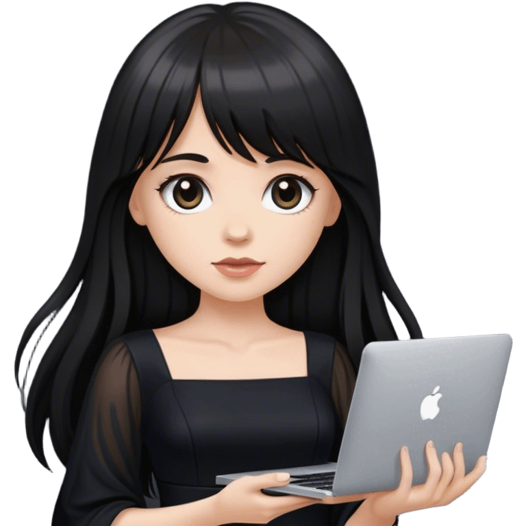 Beautiful white girl, with dark very long hair with bang, wearing black dress, holding MacBook  emoji