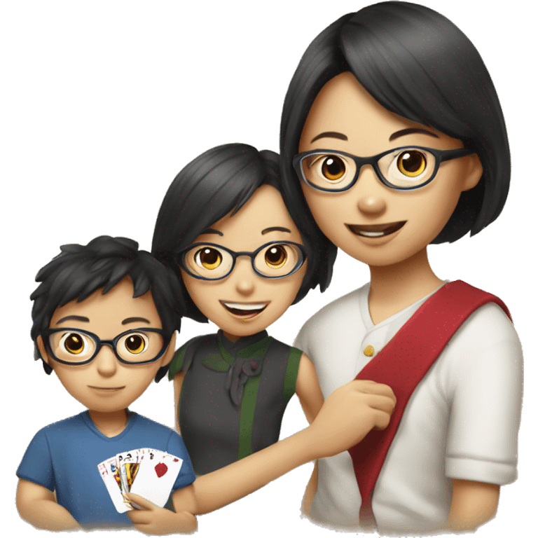 asian girls with glasses and boy playing card emoji