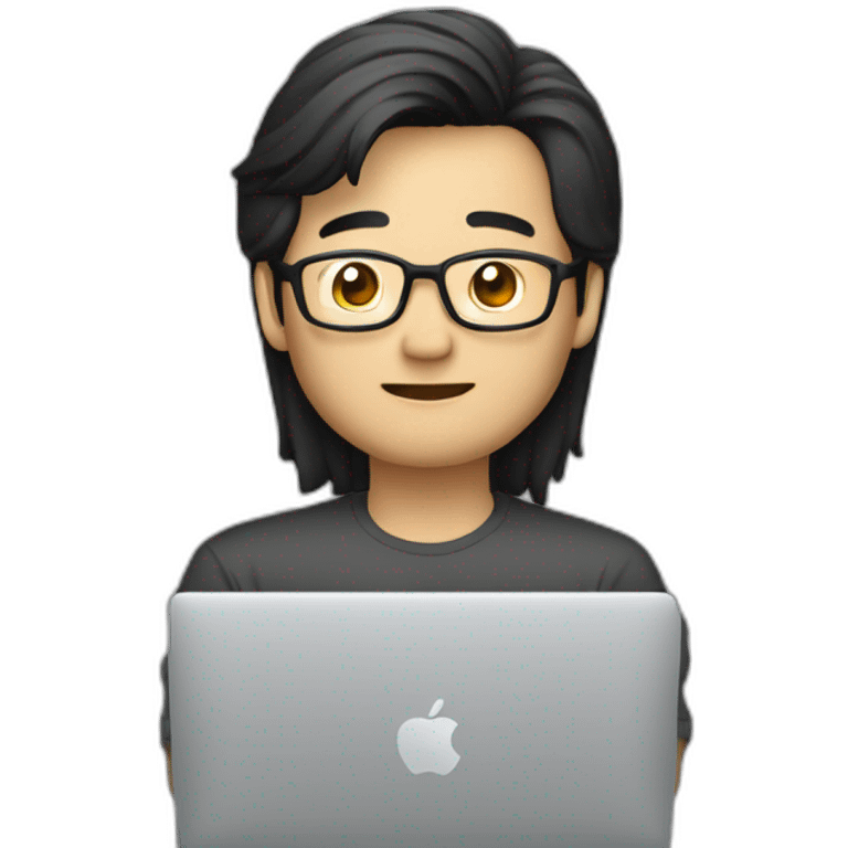 Aged 47 Asian Guy coding on the macbook, more black hair emoji