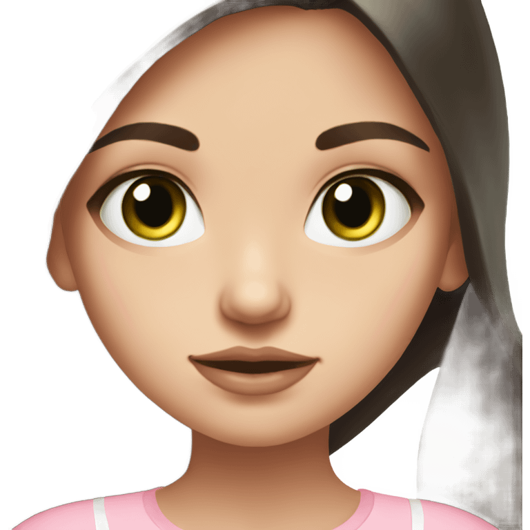 a beautiful russian girl with dark green eyes very long dark brown hair and a baby pink top emoji