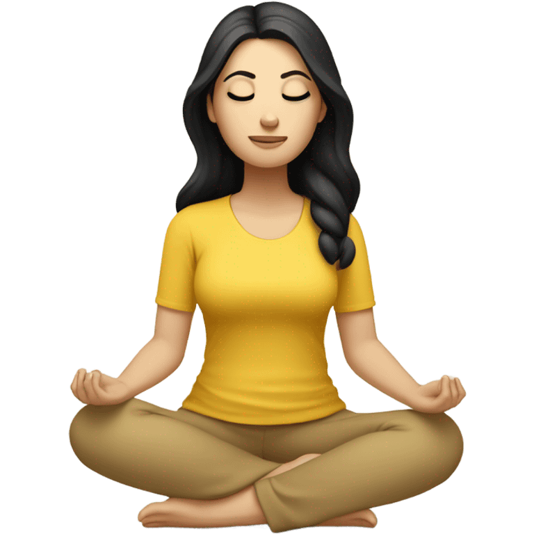 White girl with black hair meditating in yellow top and beige leggings emoji