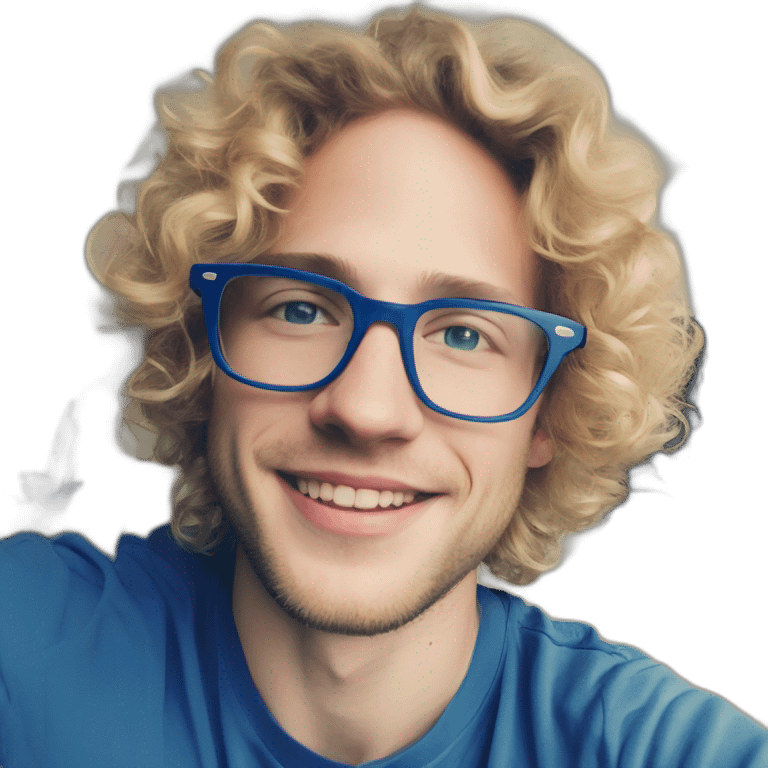 Benedikt A. Laufer aka @Apfeldenker. Curly blond hair and glasses. Often wears blue colors emoji