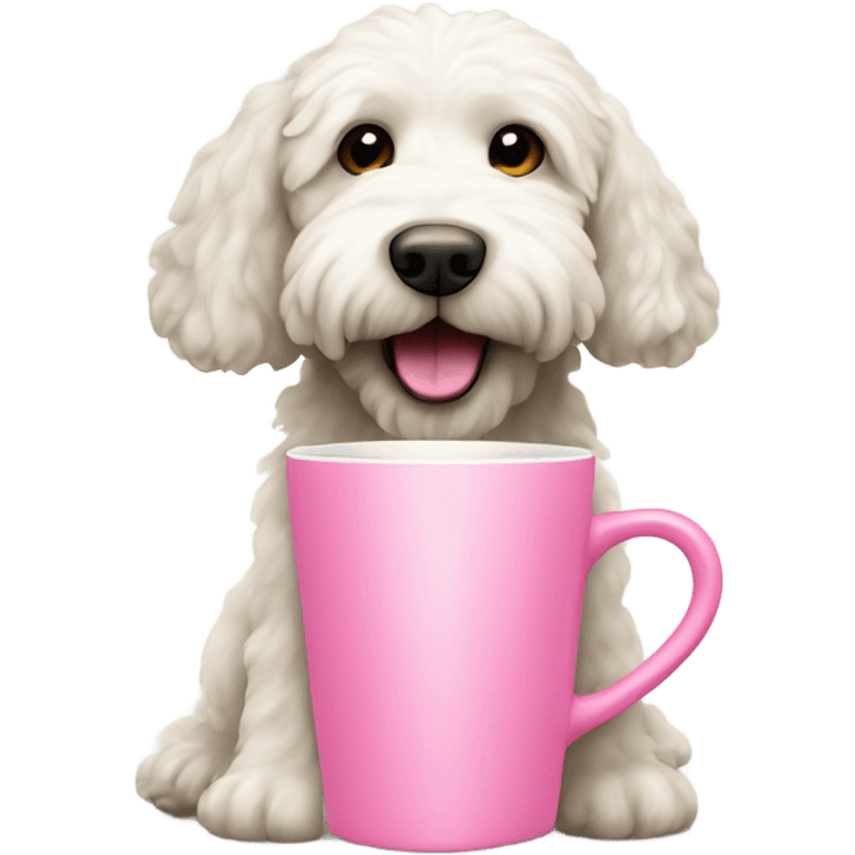 White labradoodle dog with pink handle cup emoji