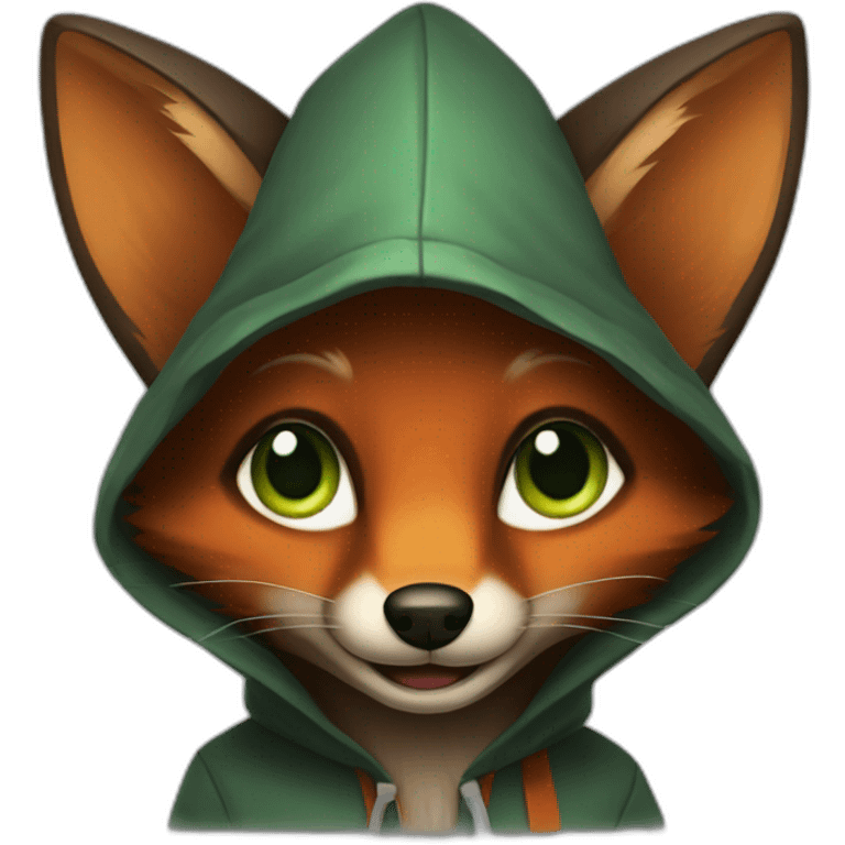 small dark brown fox with orange eyes and a dark green hood that smile emoji