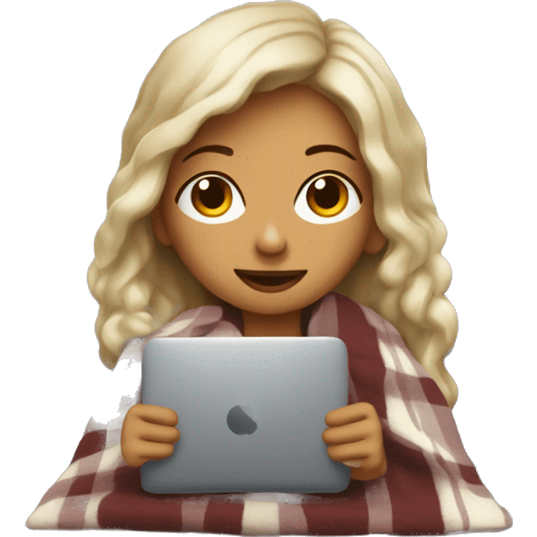 Cozy darker blong haired girl with cozy blanket and coffee on the couch with laptop emoji