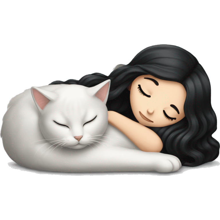 A pretty white girl with very long black hair and sleeping curled up to a white cat  emoji