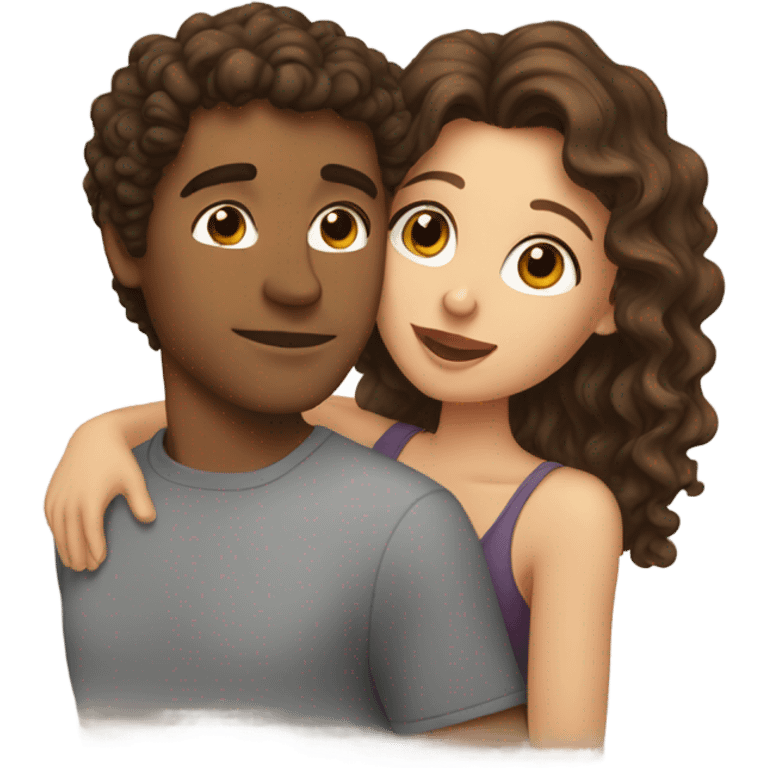 Girl with brown hair kissing guy with curly brown hair  emoji