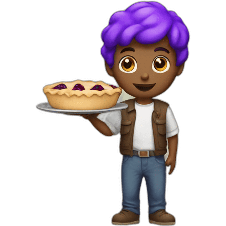 A little guy with a pie and a purple had emoji