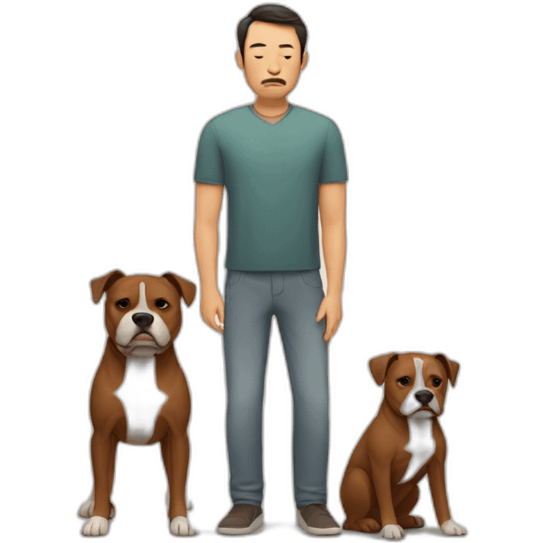 Sad Man with Chinese wife and brown Staffordshire terrier dog emoji