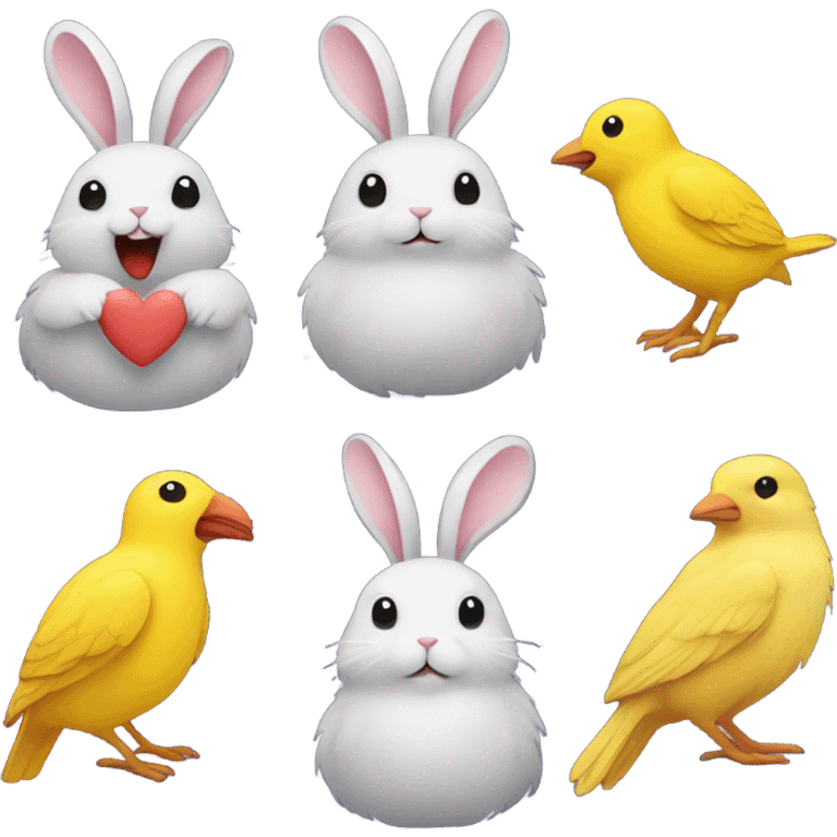 rabbit emoji and yellow bird emoji with a heart between them emoji