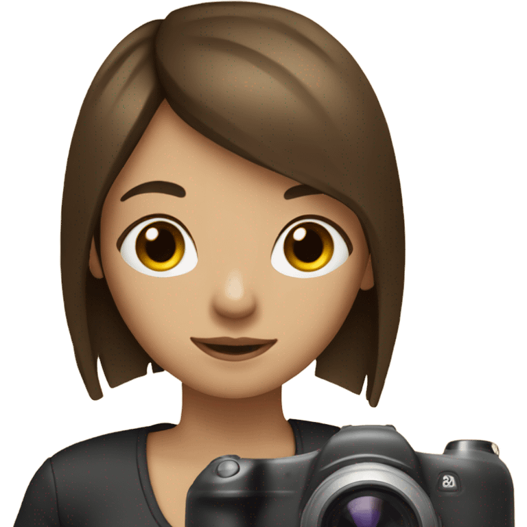 Realistic camera girl with camera and brown long hair and a fringe emoji