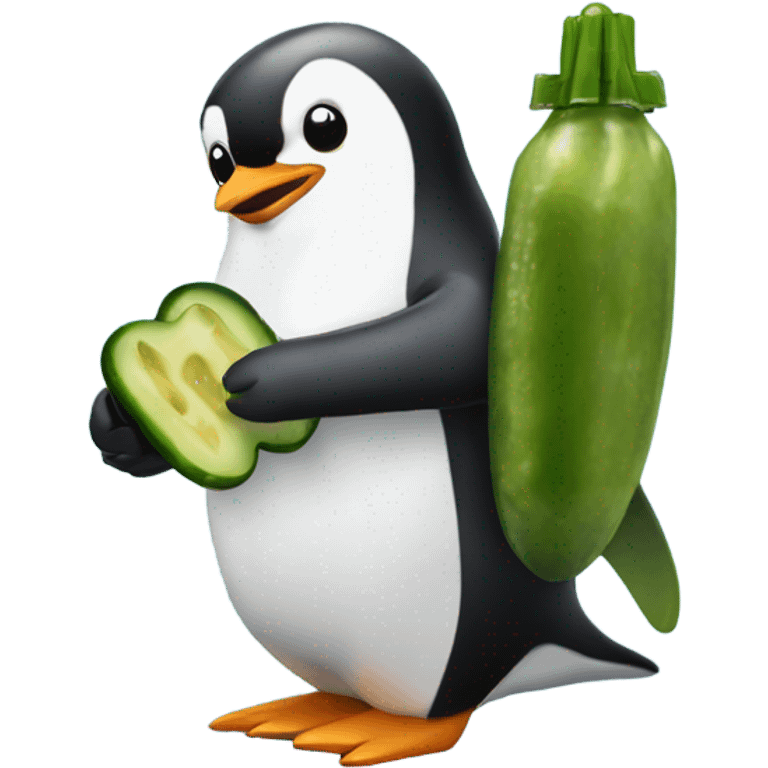 Penguin eating a pickle with a jet pack emoji