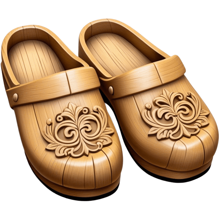 Cinematic Realistic Wooden Clogs Emoji, depicted as a pair of traditionally carved weathered wooden clogs with intricate details and rustic charm, rendered with rich textures and warm natural lighting that captures their cultural heritage. emoji