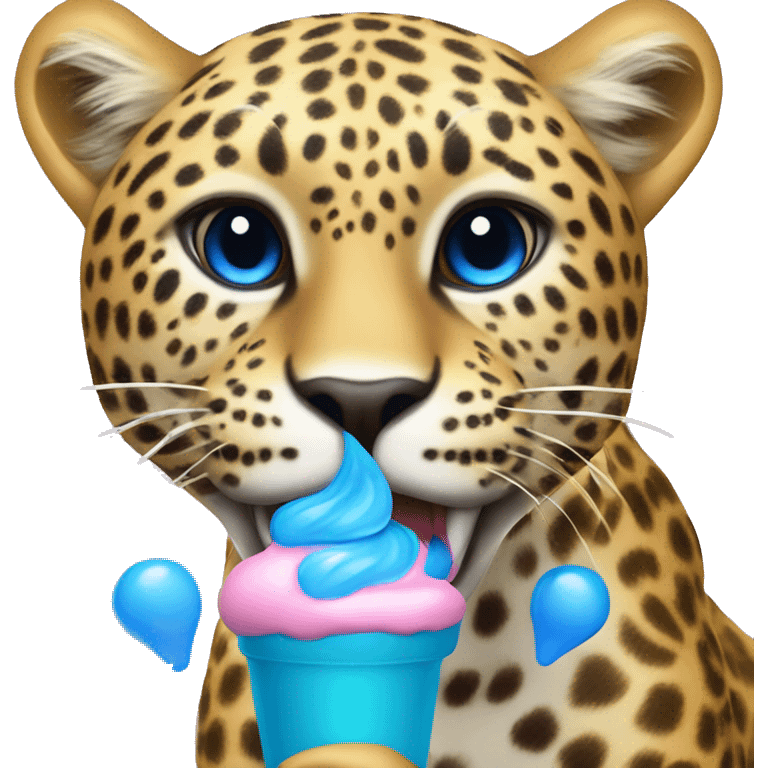 Create a a leopard eating blueberry ice cream and the leopard is flying with his blue wings emoji