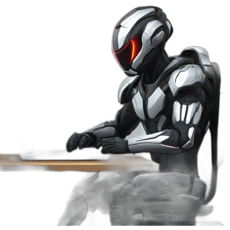 Side view developer behind his laptop with this style : Crytek Crysis Video game with nanosuit hacker themed character emoji