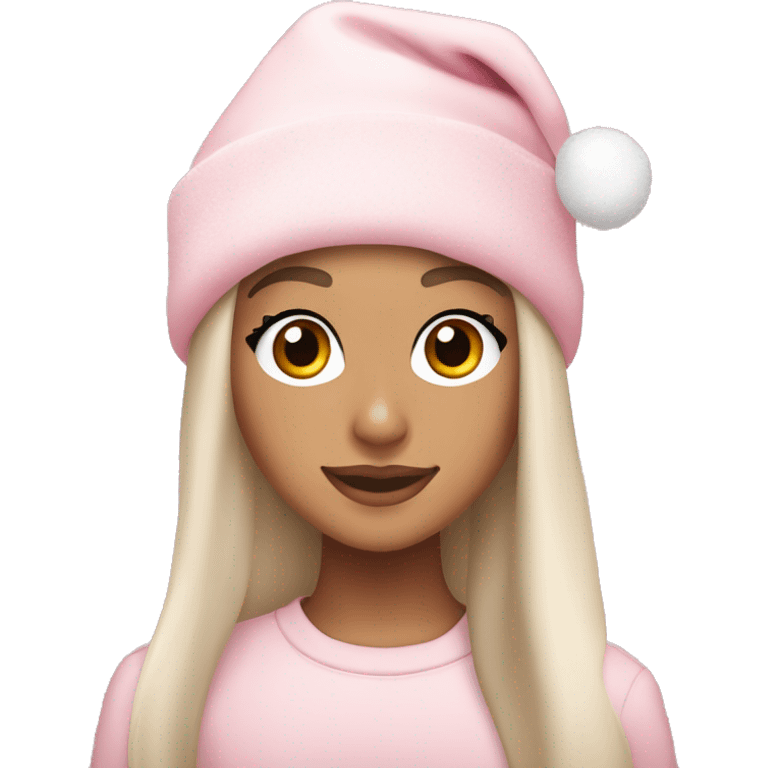 Ariana grande in a light pink christmas outfit wearing a light pink christmas hat emoji