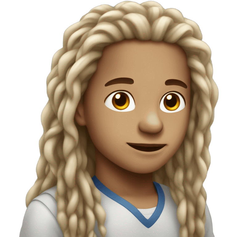 portrait of a light skinned boy looking with longs locs emoji