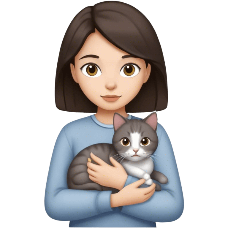 Dark Brown hair girl holding a grey cat emoji