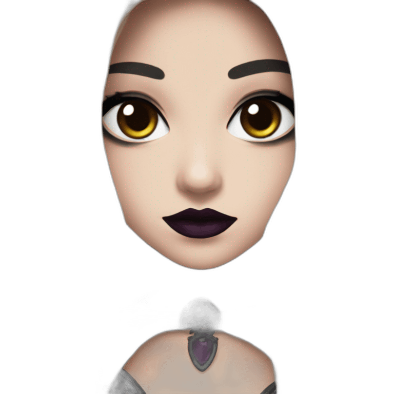 an emote of a gothic girl with brown long hair, black eyeliner and a dark plum lipstick for twitch emoji