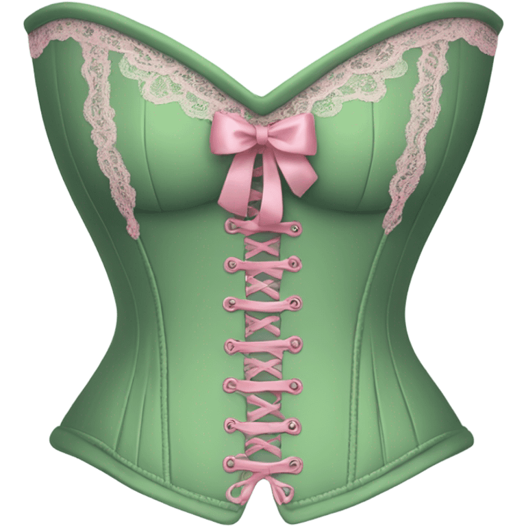 Sage green corset with pink lace and bows, isolated emoji