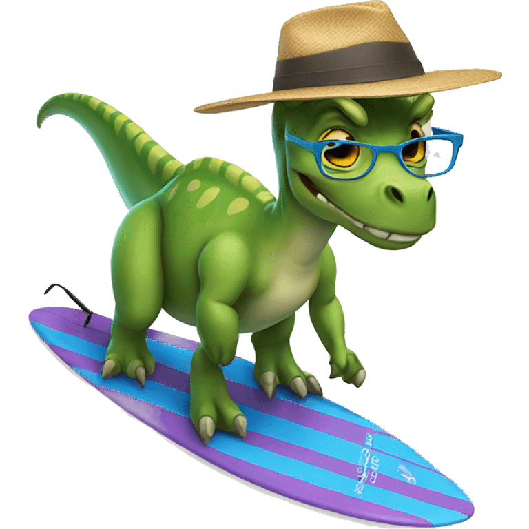 Dinosaur with glasses and a hat on a surfboard  emoji