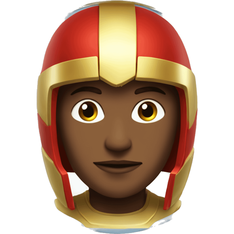 The image shows a red and gold helmet with a stylized \"V\" design on the forehead, and a golden frame around the eye area. The helmet appears to be worn by a character in a science fiction or superhero setting. emoji