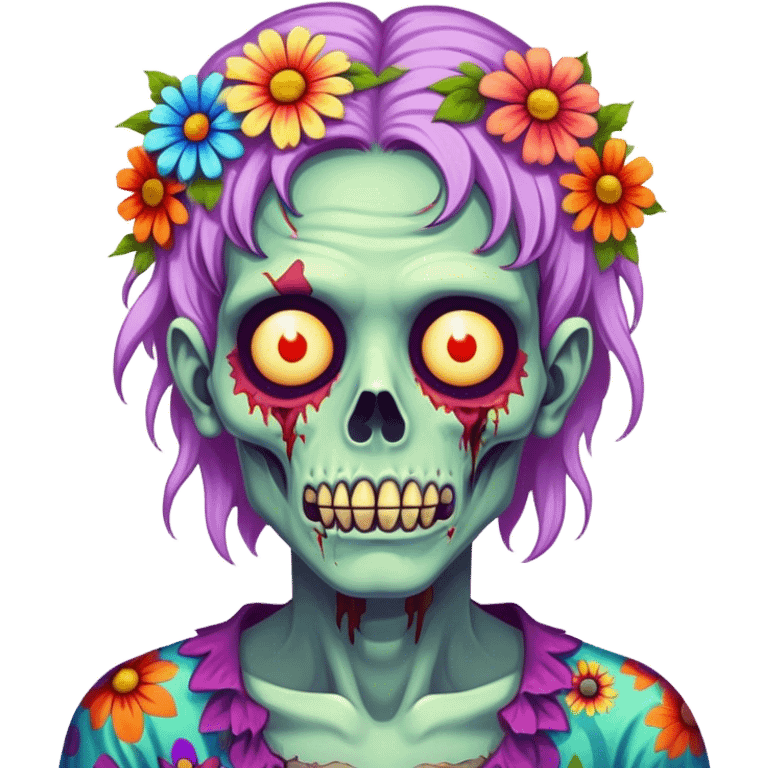 Cinematic ultra detailed 32k HD Psychedelic colored hippie style zombie with flowers emoji